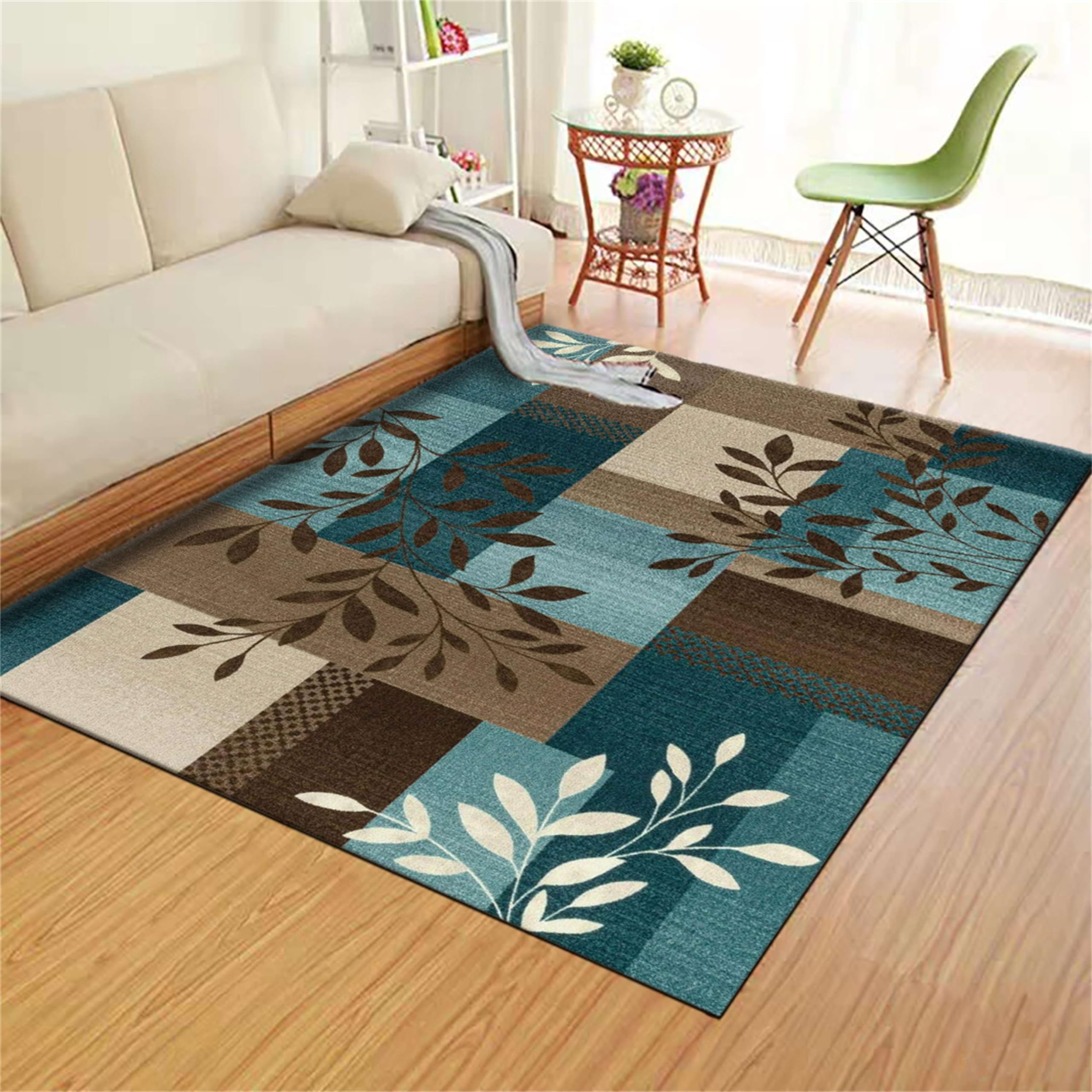 Houient Leaf Area Rug, 3x5ft, Modern Rustic Traditional Geometric Botanical Floral Leaves Print Design Patchwork Floor Mats for Bedroom, Nordic Style Blue Grey Non-Skid Rugs for Bedsides Hallway