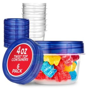 stock your home 4oz plastic containers with twist top lids (6 pack), 1/2 cup small freezer containers for leftover food, airtight reusable soup containers with lids, microwave and dishwasher safe