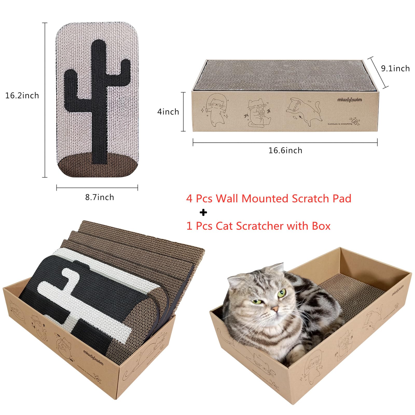 Miwoowim 4 Pcs Cat Scratcher Wall Mounted Scratch Pad +Cat Scratcher Box Door Cat Nail File Scratcher for Wall Modern Cute Cardboard Vertical Cat Scratching Post, Furniture Protector