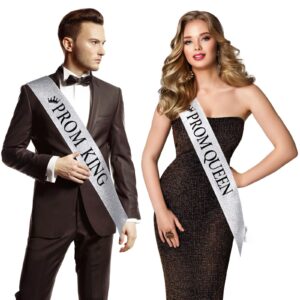 lyrow 2 pcs prom king and prom queen sashes, graduation party school party accessories sashes with print for bachelorette party wedding bridal shower party supplies(silver glitter)