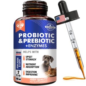 probiotics & prebiotics with enzymes for dogs and cats - digestive gut flora health pet food supplements - constipation & diarrhea and gas home remedy - upset stomach relief - made in usa