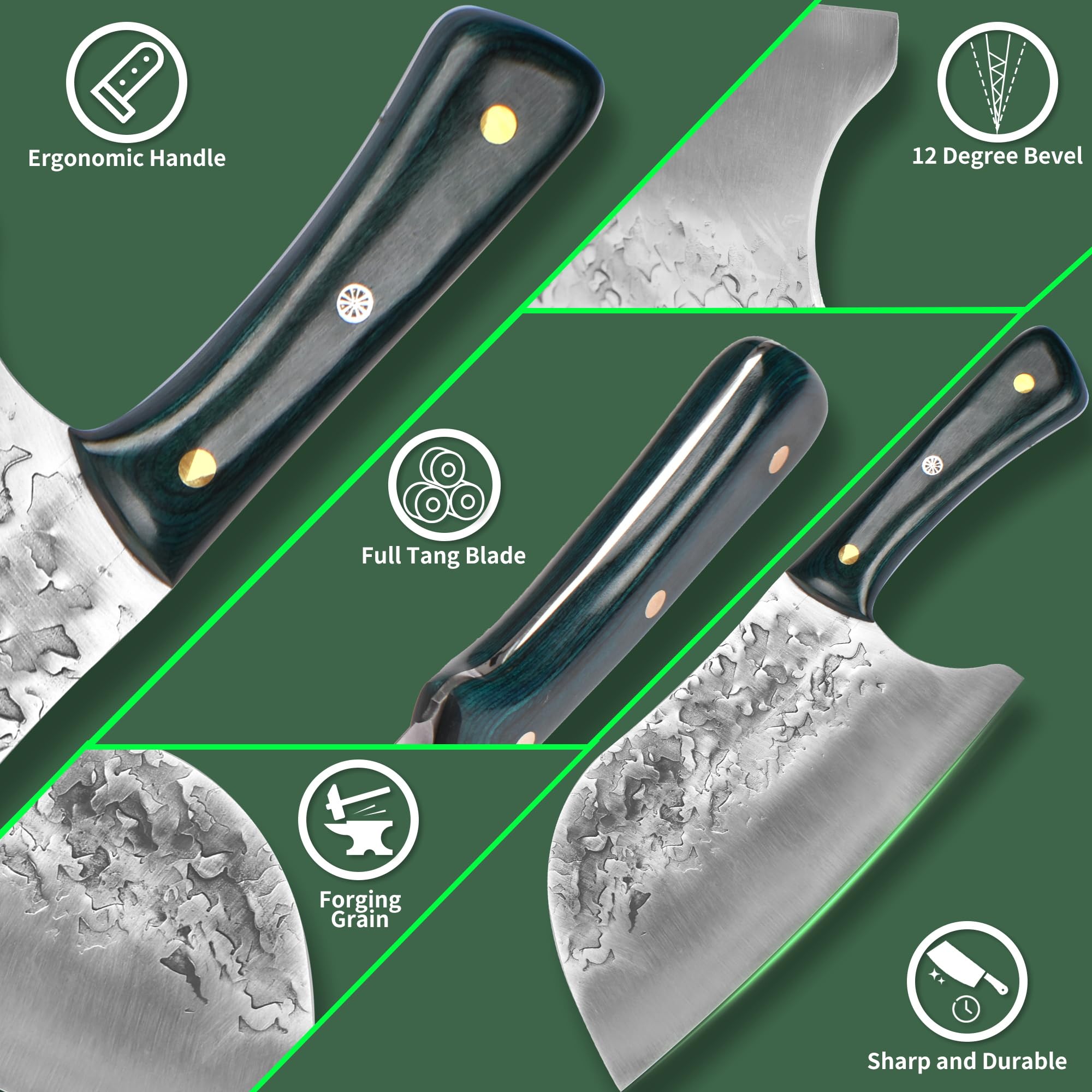 FULLHI 9 PCS Butcher Knife Set with Knife Bag and Sheath - Hand Forged Green handle Chef Knife High Carbon Steel Cleaver Knife Set for Kitchen Camping BBQ