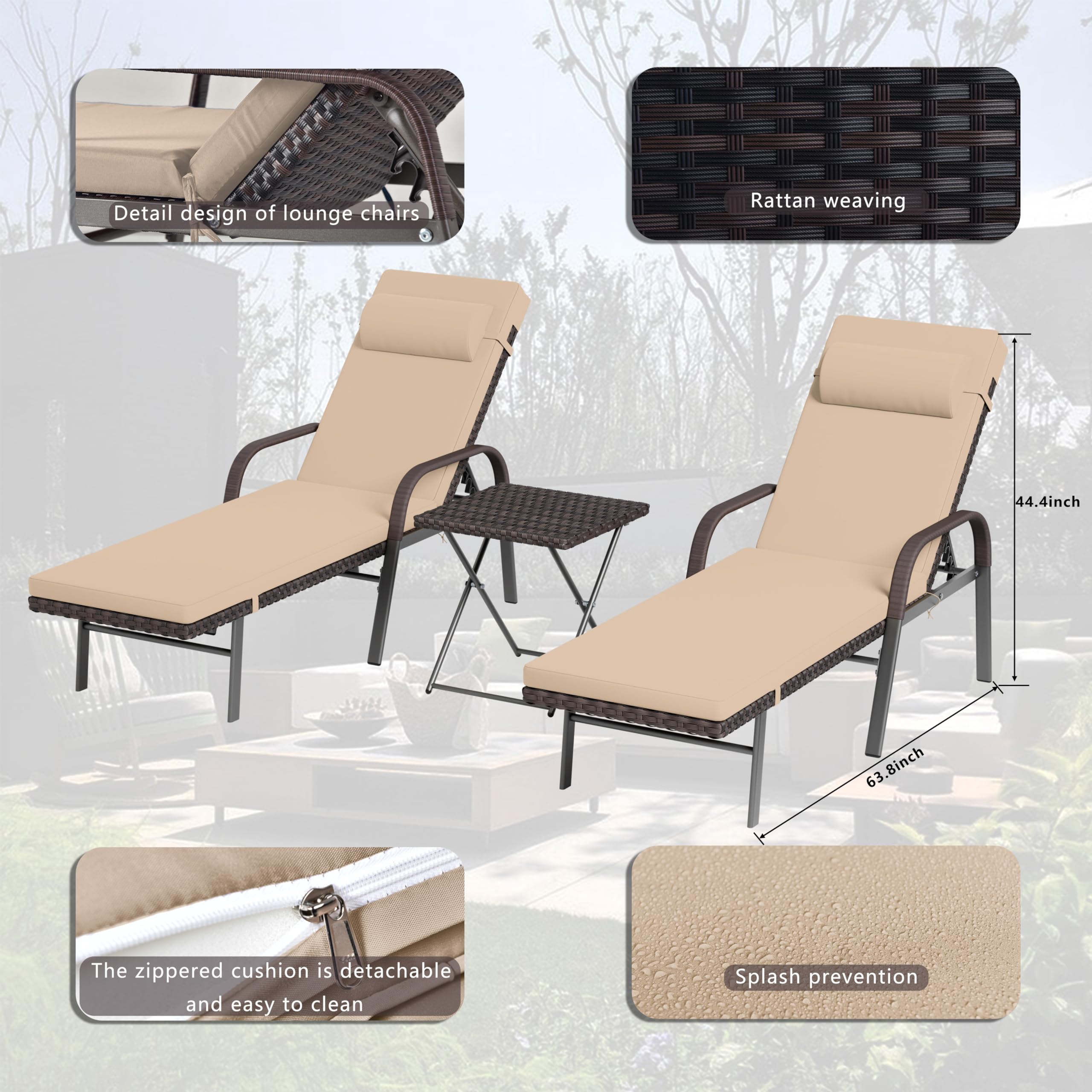 ASJMR Patio Chaise Lounge Set 3 Pieces Outdoor Lounge Chair with Rattan Adjustable Backrest Armrest and Folding Table for Beach Patio,Sand, for Poolside Backyard Porch