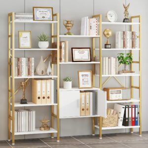 yusong bookshelf triple wide 5 tier bookcases with storage cabinet, industrial large modern tall bookshelves with 12 open display shelves for living room office bedroom, white oak and gold