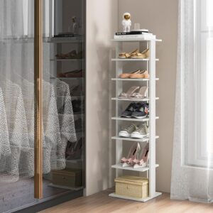 COSTWAY 8-Tier Vertical Shoe Rack, Tall Narrow Shoe Storage Organizer with Removable Shelf for Boots, Anti-Tipping Kit, Space-Saving Shoe Stand with for Small Place, Entryway (White)