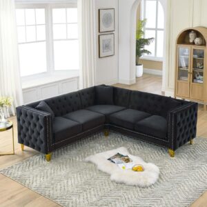 l shaped couches for living room, modern button tufted velvet sofa couch with square armrests inlaid with gold nail heads, upholstered corner sofas for living room, office, apartment, black