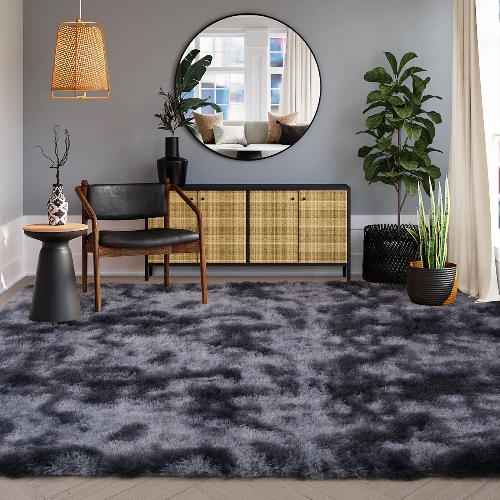 HOJARUGG Ultra Soft Rug for Living Room, 6 X 9 Tie-Dyed Black Plush Fuzzy Rugs Machine Washable, Fluffy Shag Area Rug Furry Rugs for Bedroom, Anti-Skid Indoor Carpet Nursery Rugs for Room Home Decor