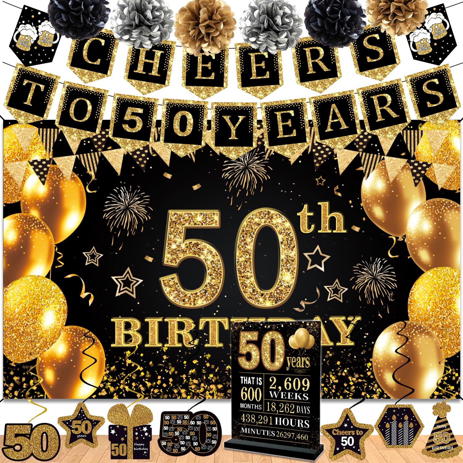 50th Birthday Decorations for Men Women,16PCS 50th birthday banner Party Decorations ,Including Happy 50th Birthday Banner,50 Anniversary Card,Cheers to 50 years banner,7 Hanging Swirl,6 paper Poms