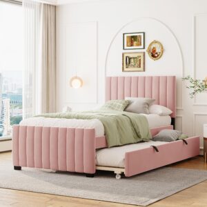 yopto twin size upholstered bed with twin size trundle, velvet platform bed frame w/headboard for bedroom,no box spring required,for bedroom guest room,pink