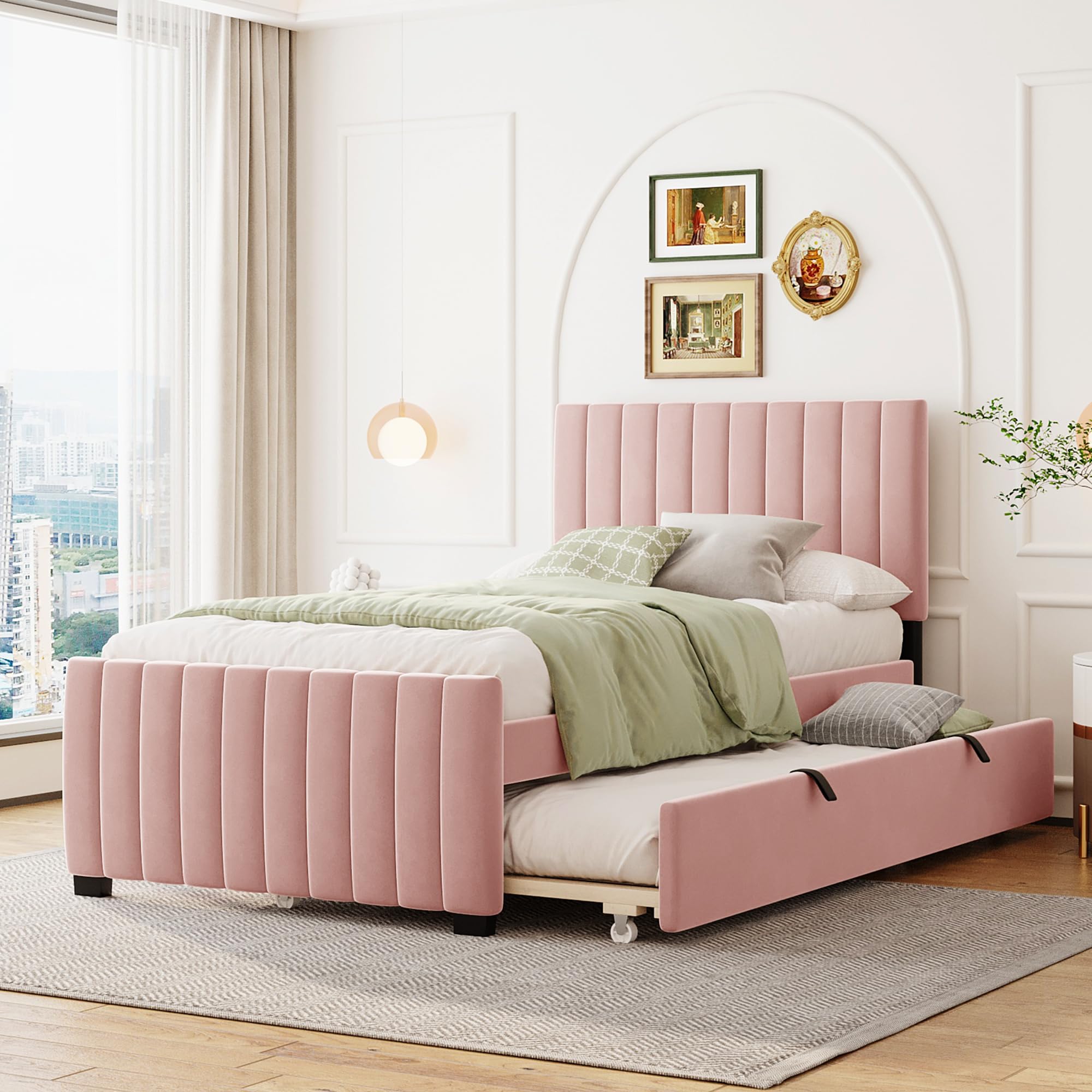 YOPTO Twin Size Upholstered Bed with Twin Size Trundle, Velvet Platform Bed Frame w/Headboard for Bedroom,No Box Spring Required,for Bedroom Guest Room,Pink