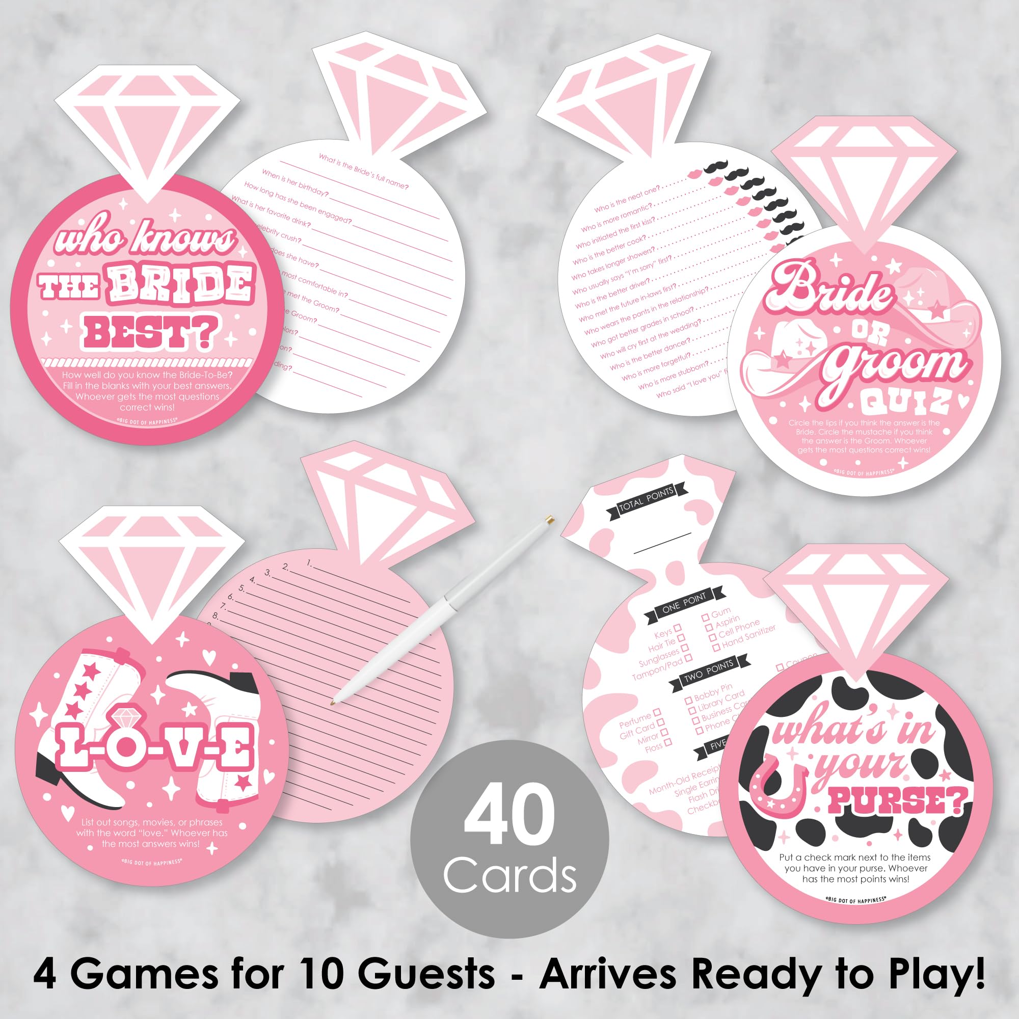 Big Dot of Happiness Last Rodeo - 4 Pink Cowgirl Bridal Shower Games - 10 Cards Each - Who Knows The Bride Best, Bride or Groom Quiz, What’s in Your Purse and Love - Gamerific Bundle