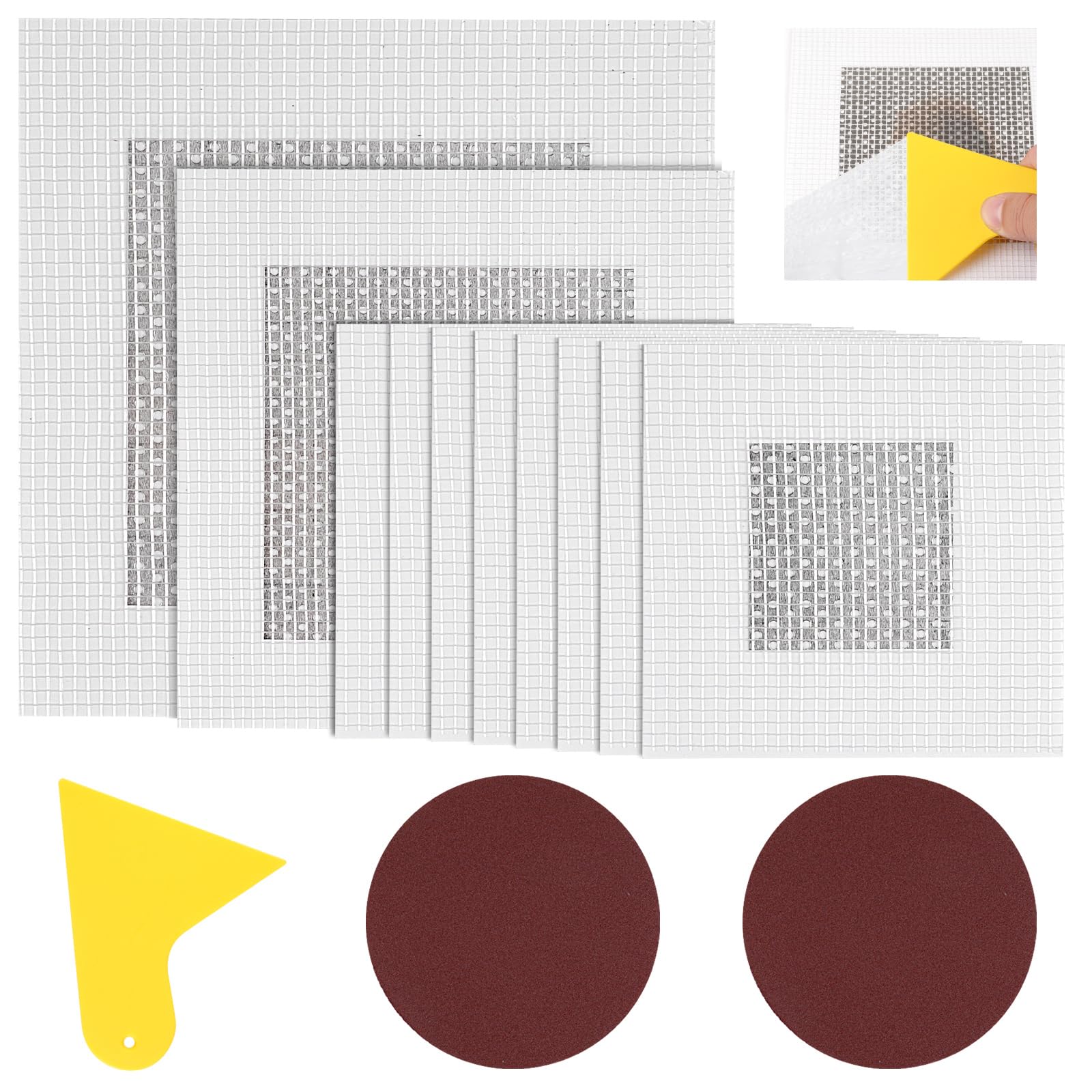 Drywall Repair Kit 10 PCS, 2/4/6 Inch Self-Adhesive Drywall Patch with Scraper and Sandpapers, Aluminum Wall Patch Repair Kit, Plasterboard Hole Repair Kit for Fixing Dry Wall Holes