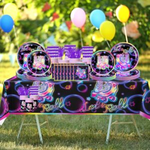 Yingoto 189pcs Roller Skating Party Supplies Tableware Set, Roller Skate Party Decorations Include Banner Plates Napkins Cups Tablecloth for Birthday Party, Serve for 25 Guests