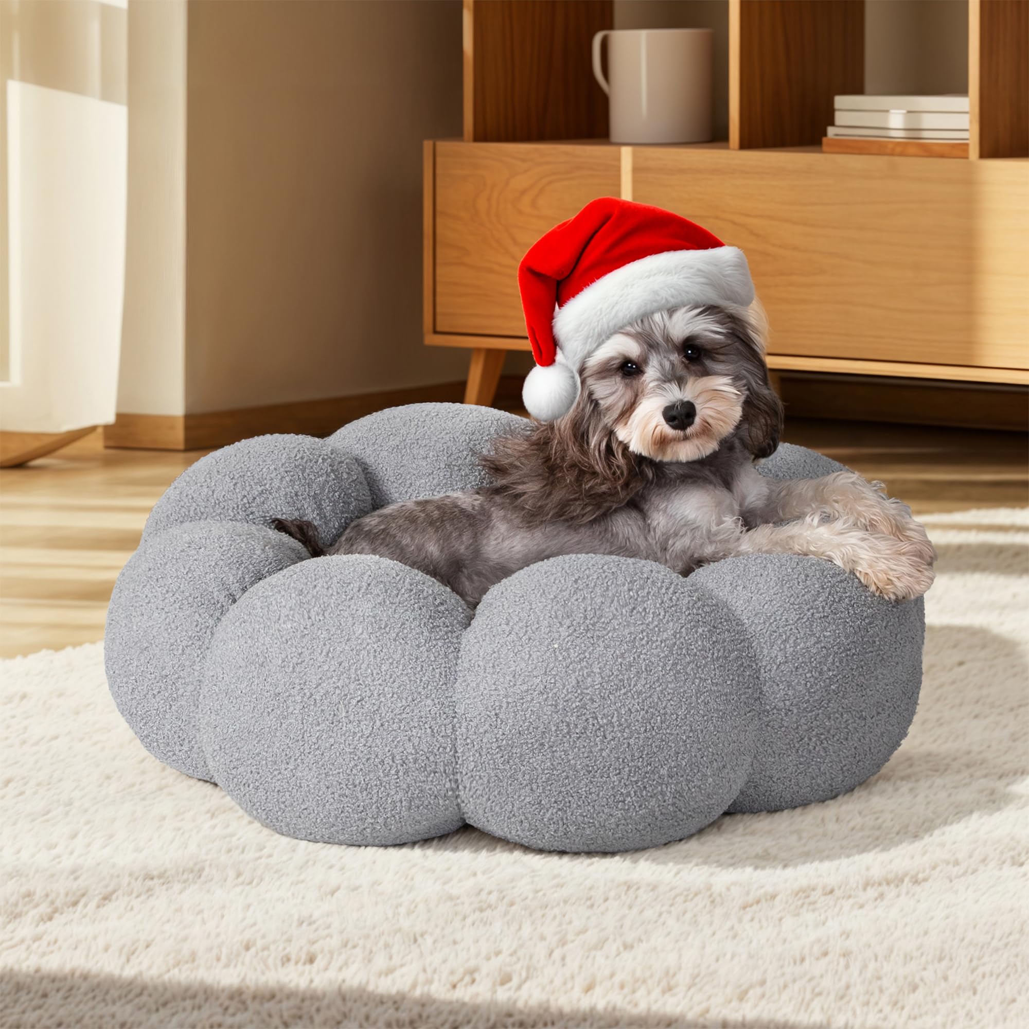 WESTERN HOME WH Calming Dog Beds for Small Dogs-Fluffy Flower Cat&Dog Bed in Plush Teddy Sherpa, Round Donut Cuddler Small Dog Bed, Non-Slip Machine Washable Pet Bed Fits up to 25 lbs, Grey 24"