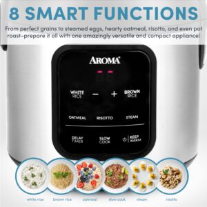 AROMA® Digital Rice Cooker, 4-Cup (Uncooked) / 8-Cup (Cooked), Steamer, Multicooker, Slow Cooker, Oatmeal Cooker, Auto Keep Warm, 2 Qt, Stainless Steel Exterior