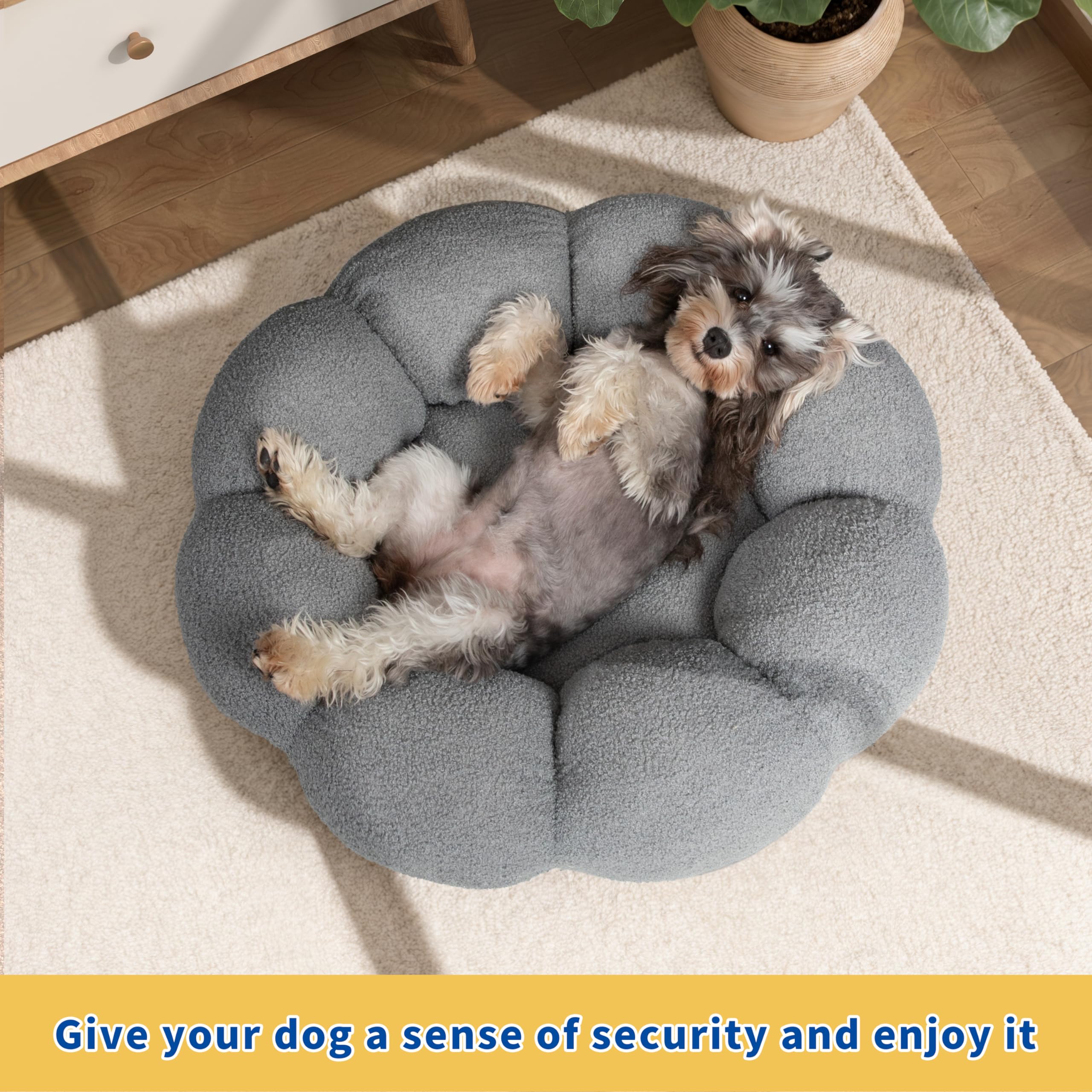 WESTERN HOME WH Calming Dog Beds for Small Dogs-Fluffy Flower Cat&Dog Bed in Plush Teddy Sherpa, Round Donut Cuddler Small Dog Bed, Non-Slip Machine Washable Pet Bed Fits up to 25 lbs, Grey 24"