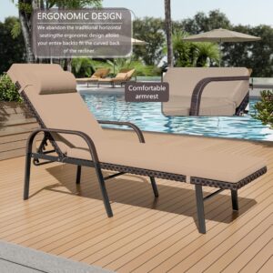 ASJMR Patio Chaise Lounge Set 3 Pieces Outdoor Lounge Chair with Rattan Adjustable Backrest Armrest and Folding Table for Beach Patio,Sand, for Poolside Backyard Porch