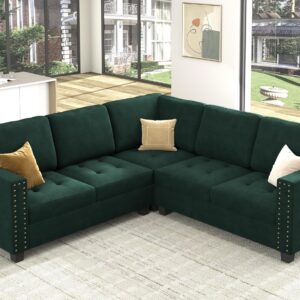 HONBAY Velvet Convertible Sectional Sofa L Shaped Couch Reversible 4 Seat Corner Sectional Sofa for Small Space, Green