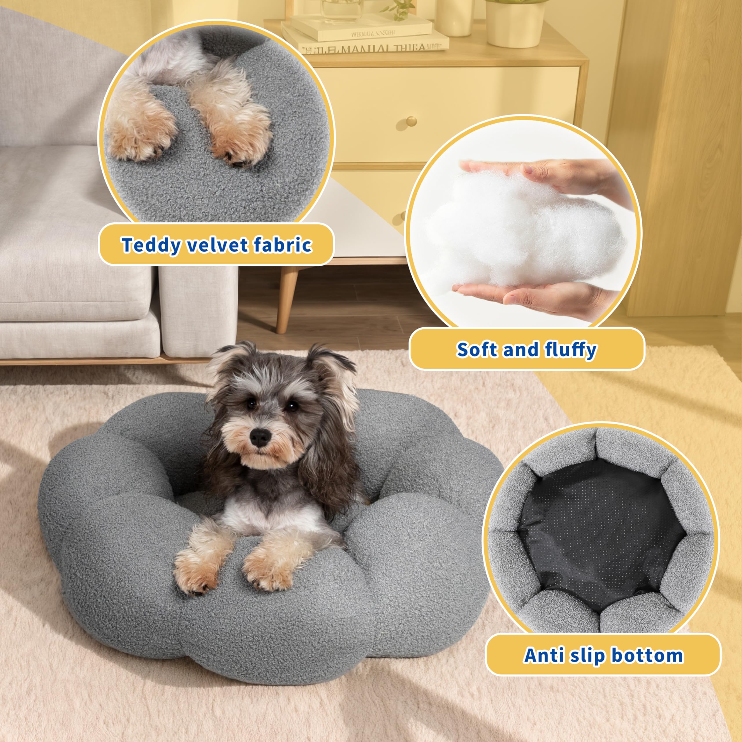 WESTERN HOME WH Calming Dog Beds for Small Dogs-Fluffy Flower Cat&Dog Bed in Plush Teddy Sherpa, Round Donut Cuddler Small Dog Bed, Non-Slip Machine Washable Pet Bed Fits up to 25 lbs, Grey 24"