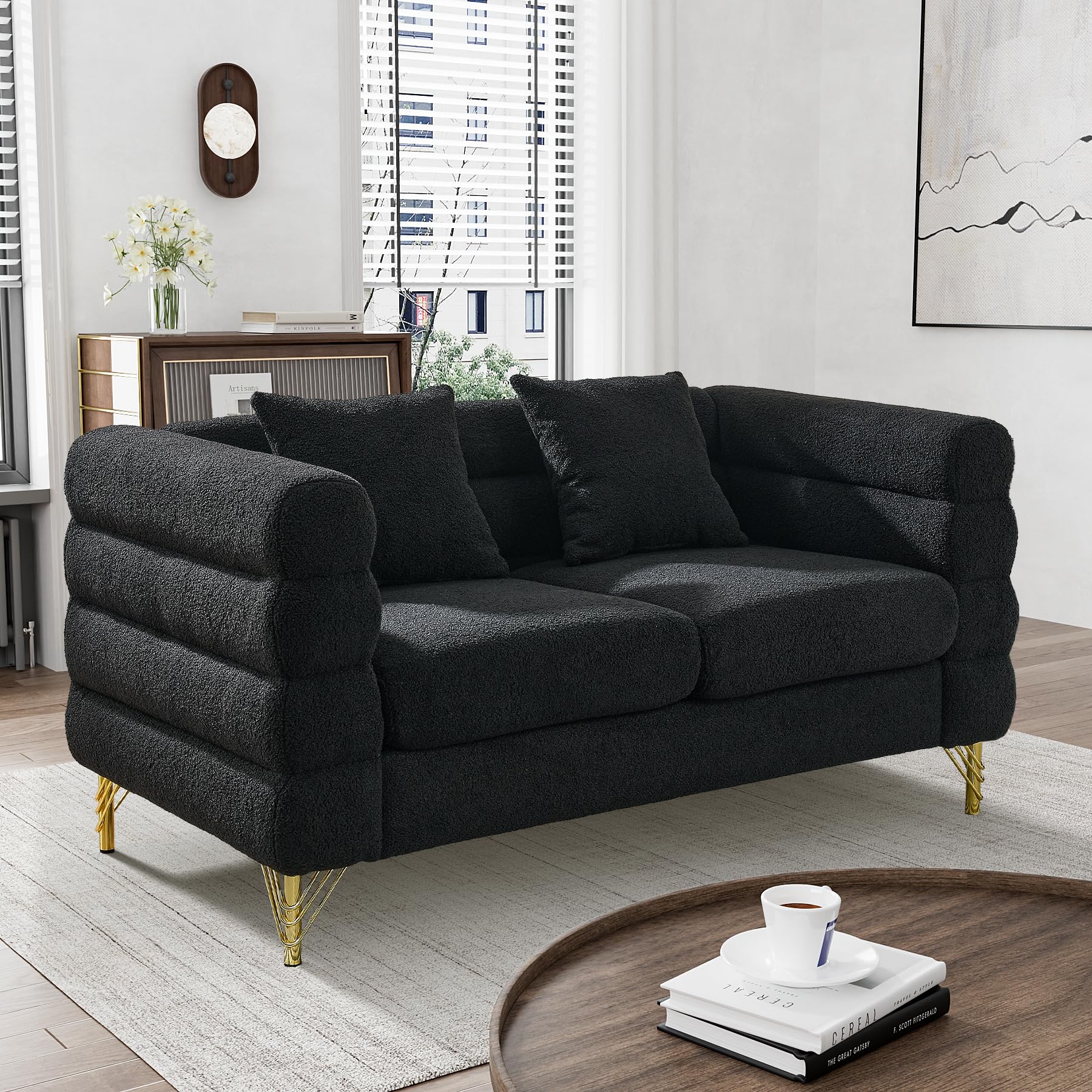 OUYESSIR 60 Inches Teddy Sofa, Mid Century Loveseat Sofa with Metal Legs, 2 Seater Couch with 2 Pillows for Bedroom, Living Room, Lounges, Office, Apartment,Small Space