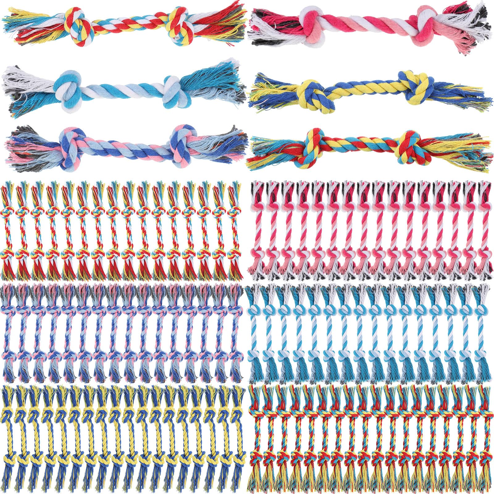 RoundFunny 100 Pieces Knot Rope Dog Toys Multi Color Puppy Knot Chew Toy Cotton Puppy Toys Dental Dog Teething Toys 2 Knot Dog Tug for Small and Medium Dogs Aggressive Chewers Supplies