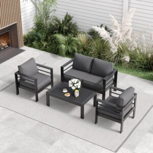 vonzoy aluminum patio furniture,outdoor metal sectional sofa with table and waterproof covers,grey modern patio furniture set for garden backyard (5-piece)