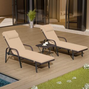 asjmr patio chaise lounge set 3 pieces outdoor lounge chair with rattan adjustable backrest armrest and folding table for beach patio,sand, for poolside backyard porch