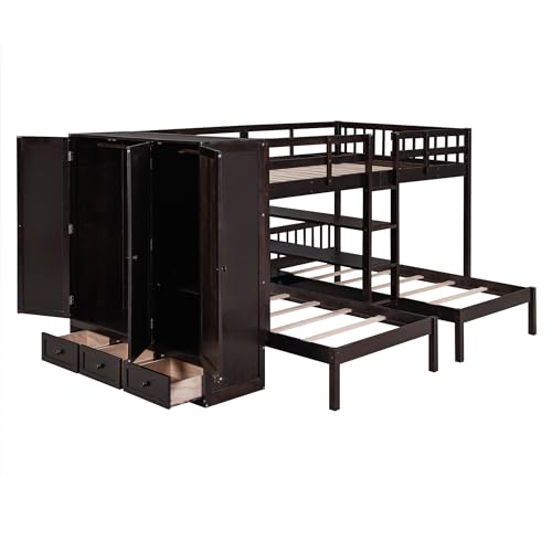 RORIGAT Full Over Twin&Twin Triple Bunk Bed with Large Wardrobe, Drawers and Shelves Storage, Wooden L-Shaped Bunkbed Frame w/Mirror for 3 Kids Teens Adults Bedroom, Full/Twin/Twin,Espresso