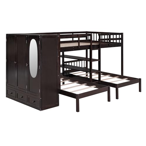 RORIGAT Full Over Twin&Twin Triple Bunk Bed with Large Wardrobe, Drawers and Shelves Storage, Wooden L-Shaped Bunkbed Frame w/Mirror for 3 Kids Teens Adults Bedroom, Full/Twin/Twin,Espresso