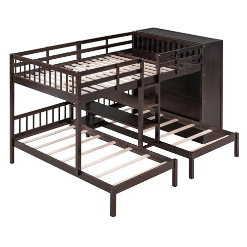 RORIGAT Full Over Twin&Twin Triple Bunk Bed with Large Wardrobe, Drawers and Shelves Storage, Wooden L-Shaped Bunkbed Frame w/Mirror for 3 Kids Teens Adults Bedroom, Full/Twin/Twin,Espresso