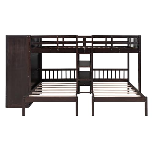 RORIGAT Full Over Twin&Twin Triple Bunk Bed with Large Wardrobe, Drawers and Shelves Storage, Wooden L-Shaped Bunkbed Frame w/Mirror for 3 Kids Teens Adults Bedroom, Full/Twin/Twin,Espresso