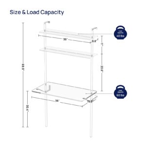 HMYHUM Acrylic Wall Mount Desk, Clear Ladder Desk with Open Shelves, Floating Desk for Laptop, Computer, Study, Writing, Vanity Table, Modern, 36" L x 19.7" W x 69.99" H