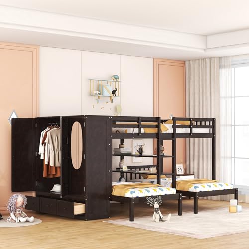 RORIGAT Full Over Twin&Twin Triple Bunk Bed with Large Wardrobe, Drawers and Shelves Storage, Wooden L-Shaped Bunkbed Frame w/Mirror for 3 Kids Teens Adults Bedroom, Full/Twin/Twin,Espresso