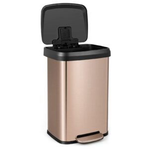 s afstar 13.2 gallon step trash can, stainless steel garbage bin with soft close lid & deodorizer compartment, fingerprint-proof trash bin, step-on trashcan for home office kitchen, rose (golden)