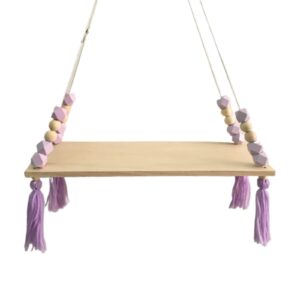 deerwin hanging shelf for wall, wood hanging shelves with beads tassels boho decor swing rope rustic floating shelf，wall display shelving home organizer rack for living room bedroom kitchen (purple)