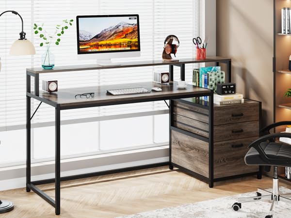 Tribesigns 63 Inch Computer Desk with File Drawer Cabinet, Ergonomic Office Desk with Monitor Stand, Industrial Computer Table with Printer Space, Wood PC Table Workstation Desk for Home Office