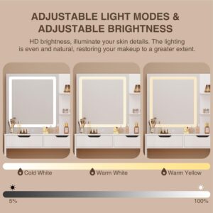 Aiho Makeup Vanity Desk with Mirror and Lights, 43.5" Vanity Table with 5 Drawers & Storage Shelves, Adjustable Brightness & 3 LED Light Modes - Dressing Table Set for Bedroom, White