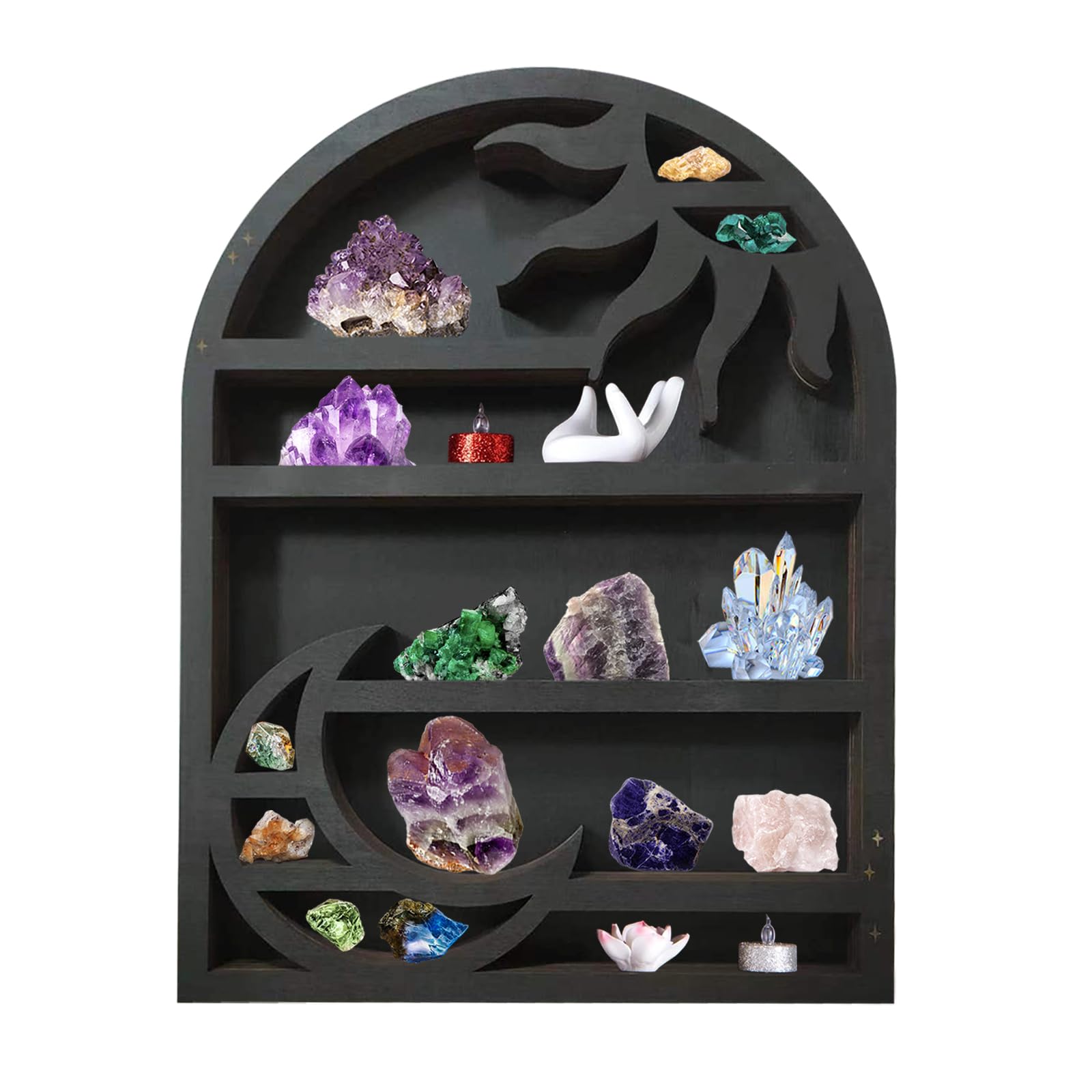 Moon & Sun Crystal Display Shelf, Wooden Crescent Moon Shelf Crystal Holder for Stone Essential Oils Plants, Moon Wall Decor for Spiritual Hippie or Witch Room, Zen Wall Decor Arch Shelf (A)