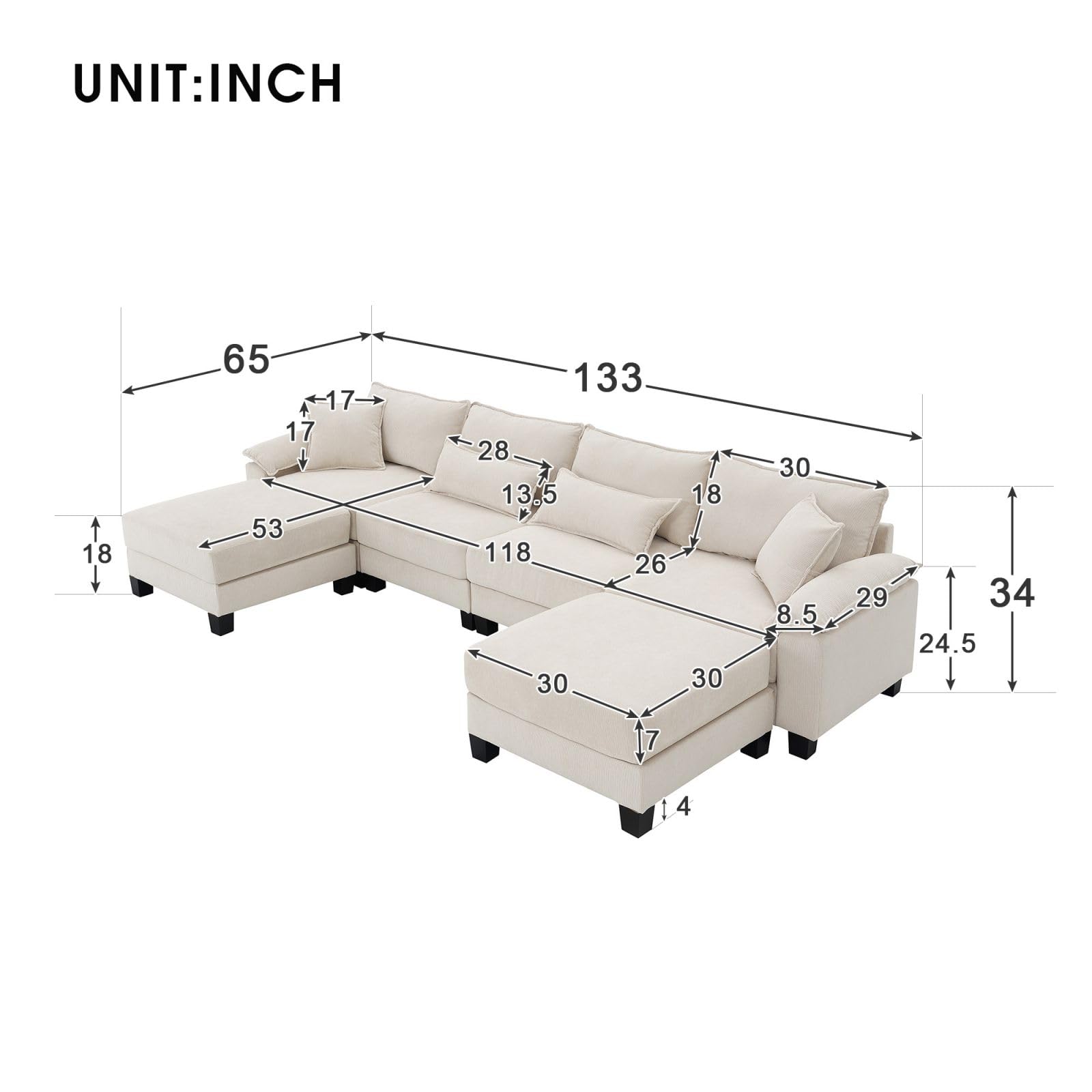 KEVINSPACE 133" Modular Sectional Sofa for Living Room Convertible U/L Shaped Sofa Couch Reversible Sofa Couch Modular Sectionals with Ottomans, 6 Seat Oversized Sofa Couch Sleeper Sofa Bed Beige