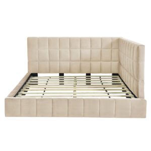 QVUUOU Grounded Bed Upholstered Daybed Sofa Bed with Lattice Styling Design, Full Size Wooden Daybed Frame for Kids Adults Bedroom Furniture, Velvet Fabric Upholstered Bed Floor Bed (Beige)