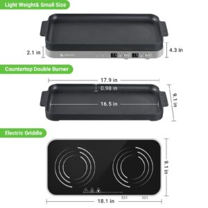 AMZCHEF Double Induction Cooktop with Removable Iron Cast Griddle Pan Non-stick, 1800W 2 burner Portable Induction Stove With Sensor Touch 9 Power Levels, 99 Min Timer, Iron Grey