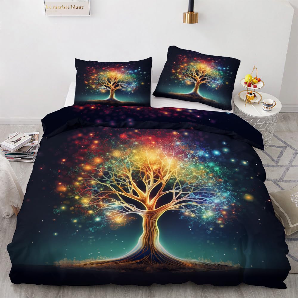 OmErsa Ultra Soft and Non-Iron Brushed Microfiber Tree of Life Queen Size Duvet Cover Sets - Fantasy Bedding Set with Quilt Cover & 2 Pillowcases, Zipper Closure