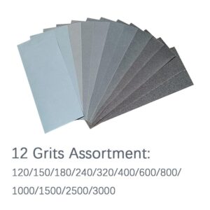 12PCS Sand Paper Assortment Pack 12 Grits Sandpaper for Wood Sanding, Wet Dry Sandpaper Sheets 120/150/180/240/320/400/600/800/1000/1500/2500/3000 Grit