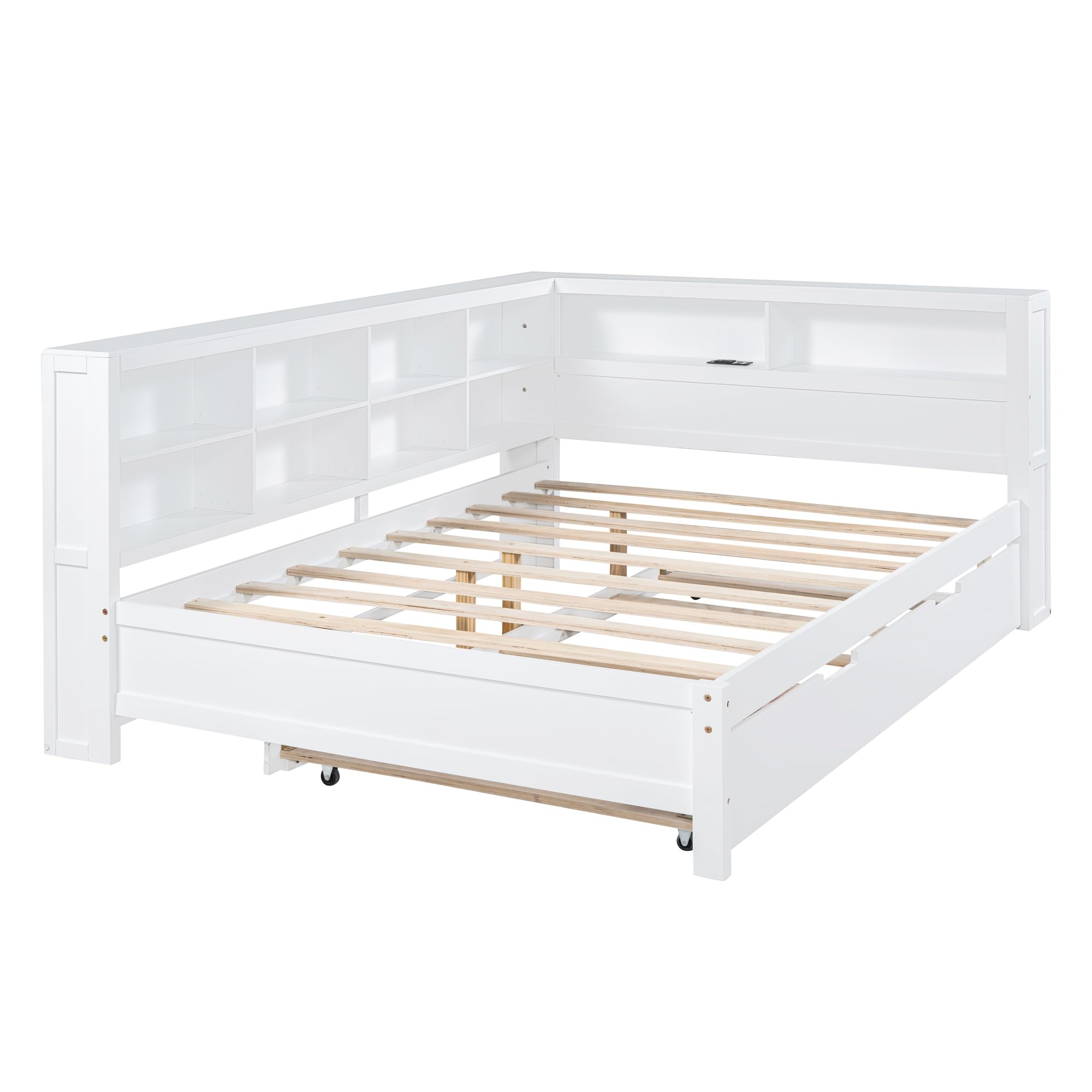 DEINPPA Full Size Platform Bed with L-Shaped Bookcase and Trundle, Wooden Captain Bed Frame with Bookcase Headboard for Kids Teens Boys Girls, No Box Spring Needed-White