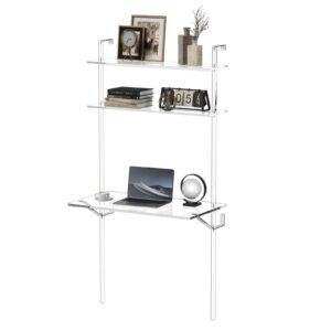 hmyhum acrylic wall mount desk, clear ladder desk with open shelves, floating desk for laptop, computer, study, writing, vanity table, modern, 36" l x 19.7" w x 69.99" h