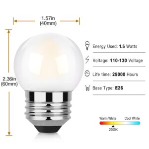 YIZCO G40 Low Wattage LED Light Bulbs 1.5w Equivalent to 15 Watt E26 Base Light Bulb G14 Frosted Small Light Bulbs Warm White 2 Pack