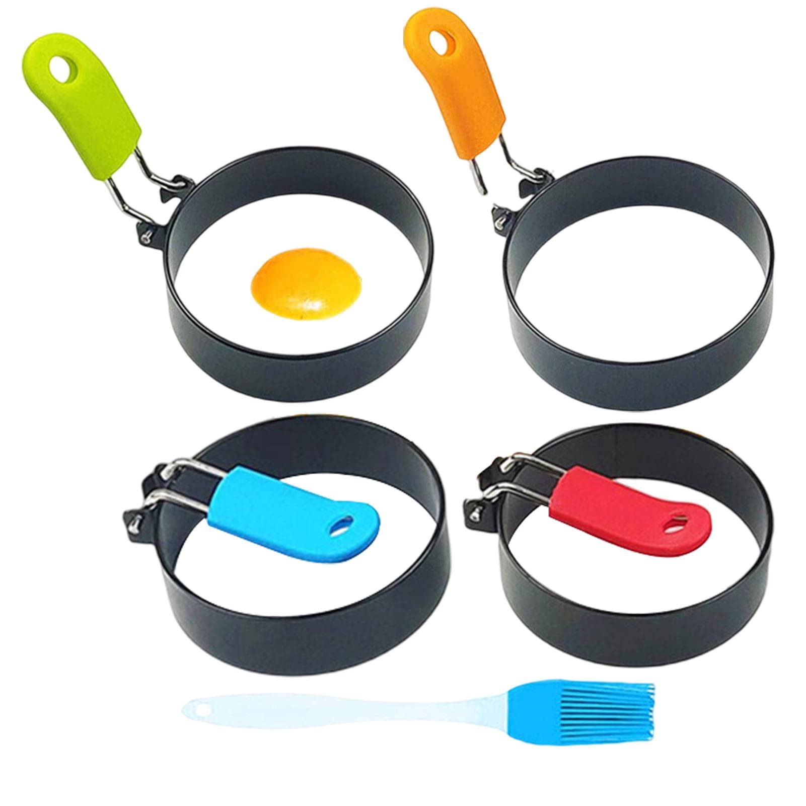 3" Round Egg Maker Ring 4PCS Egg Rings with Silicone Oil Brush,Egg Circles Stainless Steel Egg Rings Non-Stick Frying Egg Maker Molds for Frying Eggs and Egg Mcmuffins