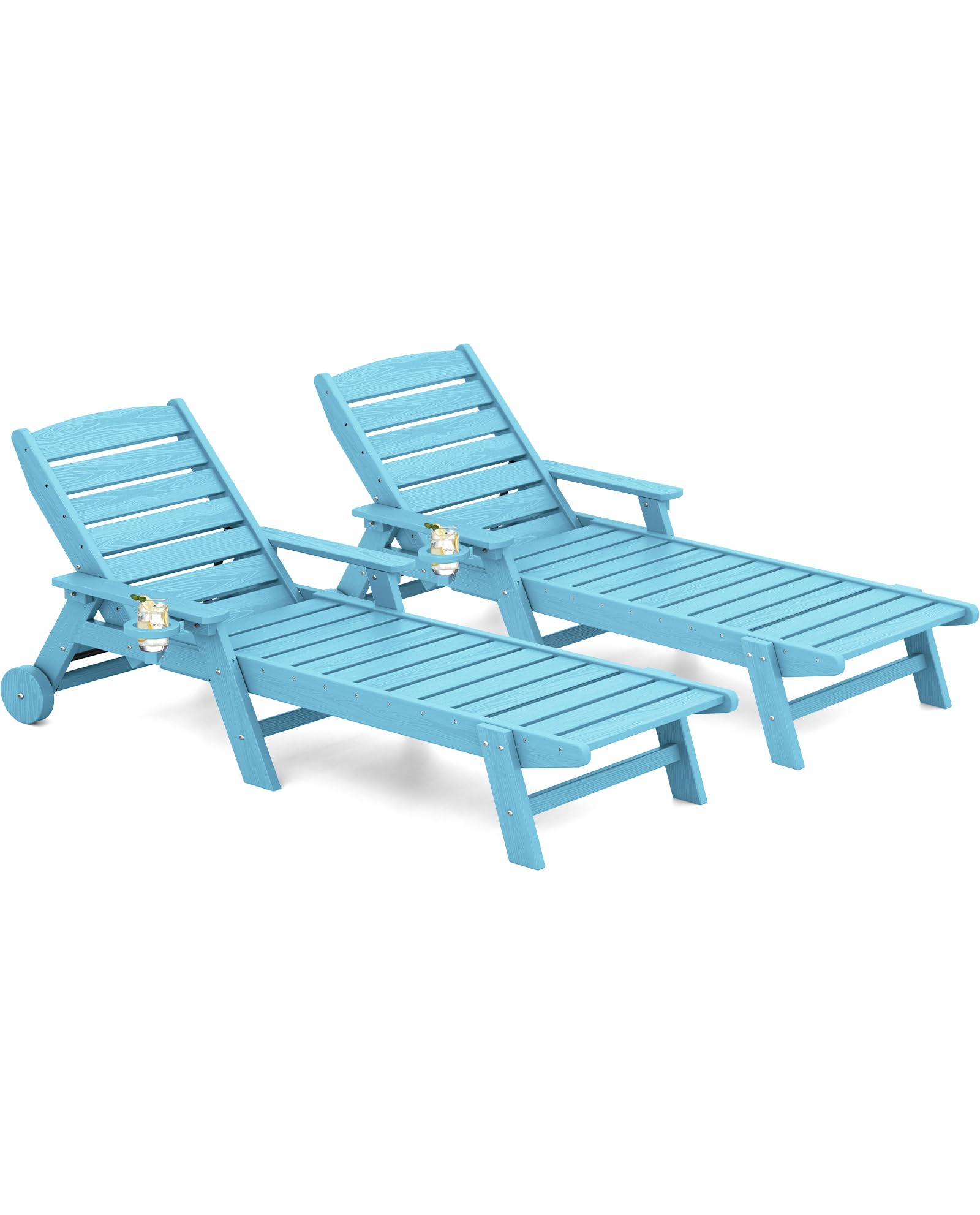 SERWALL Patio Chaise Lounge Chair Set of 2, 5 Positions Adjustable HDPE Outdoor Lounge Chair for Pool, Poly Lounge Chair with Rolling Wheels & Cup Holder for Poolside, Deck, Light Blue