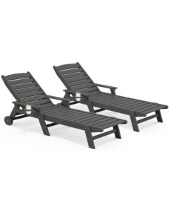 serwall patio chaise lounge chair set of 2, 5 positions adjustable hdpe outdoor lounge chair for pool, poly lounge chair with rolling wheels & cup holder for poolside, deck, slate gray