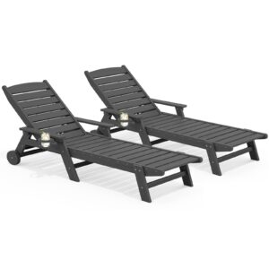 SERWALL Patio Chaise Lounge Chair Set of 2, 5 Positions Adjustable HDPE Outdoor Lounge Chair for Pool, Poly Lounge Chair with Rolling Wheels & Cup Holder for Poolside, Deck, Slate Gray